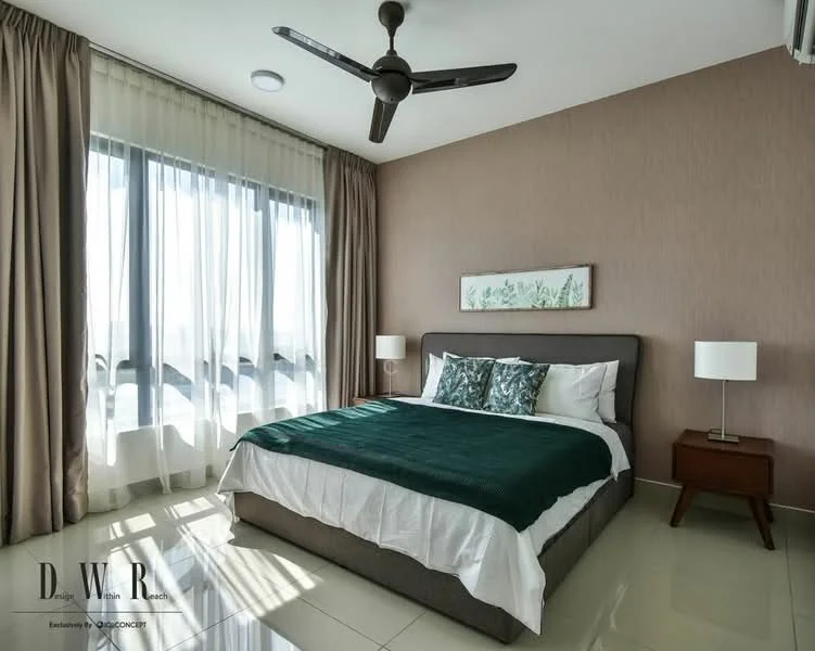 Bedroom features: king-size bed with upholstered headboard, green bedspread, white bedding, two bedside lamps, wooden bedside table, floor-to-ceiling windows, sheer curtains, grey accent wall, polished tile flooring, ceiling fan with light, decorative wall art; style: modern; view: city.