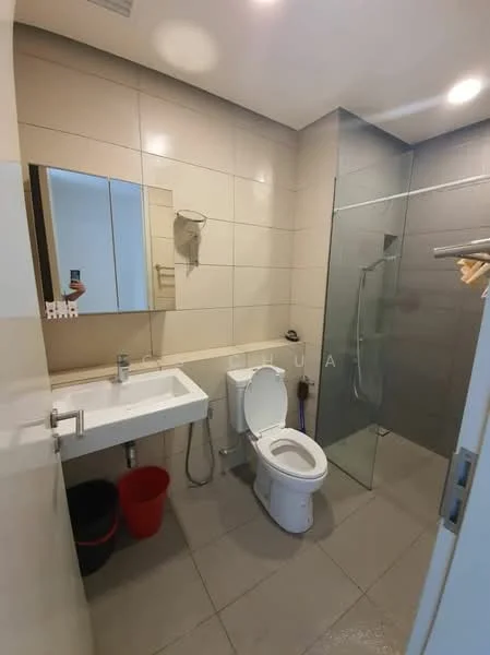 Bathroom features: white tiled walls, grey floor tiles, single-sink vanity with rectangular basin, chrome basin mixer faucet, large wall-mounted mirror, walk-in shower with glass enclosure, toilet, towel rack, waste bin, shower wall with tile cladding; style: modern.