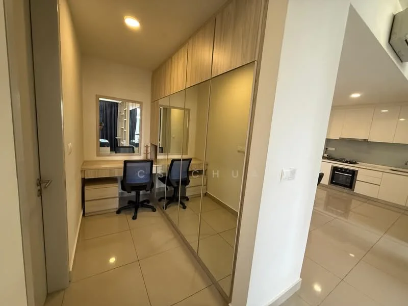 Room features: built-in desk with drawers, full-length mirror, two office chairs, white walls, light grey tiled flooring, recessed downlights, wooden cabinetry, open shelving; style: modern.