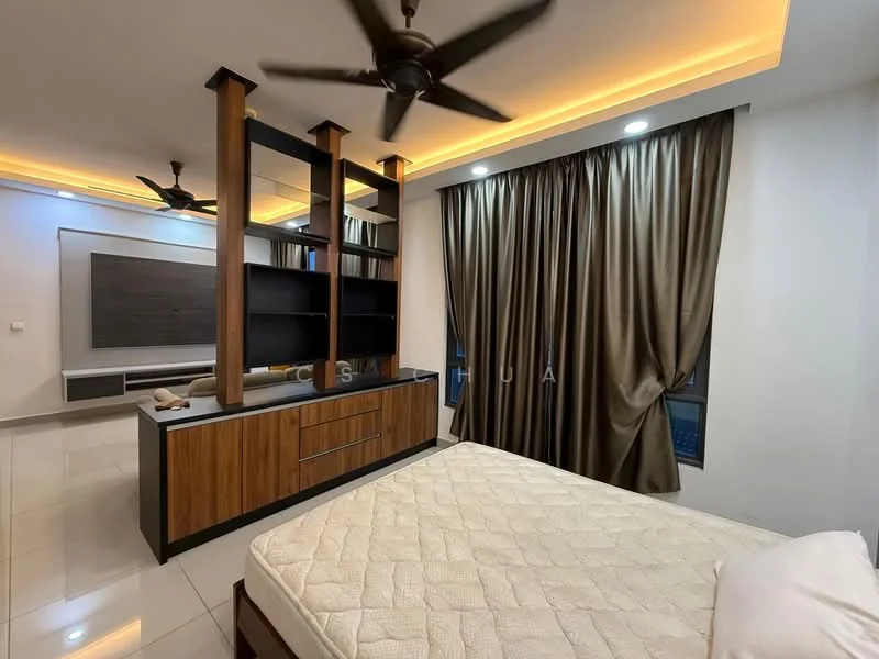 Bedroom features: queen-size bed, wooden bed frame, upholstered headboard, built-in wardrobe with wood finish, TV console with storage, recessed lighting, 5-blade ceiling fan, floor-to-ceiling windows, dark brown curtains, white painted walls, glossy tile flooring; style: modern; view: city.