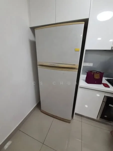 Kitchen features: white fridge, white cabinetry, grey countertop, ceramic tile flooring, recessed downlights; style: modern.