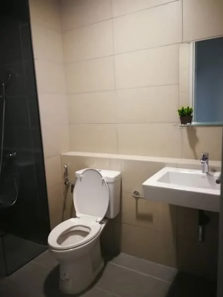 Bathroom features: one-piece toilet, wall-mounted faucet, square sink, glass shower enclosure, tile cladding on walls, grey floor tiles, small potted plant on shelf, mirror above sink; style: modern.