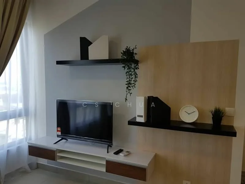 Living features: wall-mounted TV, white TV console with drawers, black floating shelves, decorative plant on shelf, wooden accent wall, clock on shelf, neutral wall color, large window with sheer curtains; style: modern.