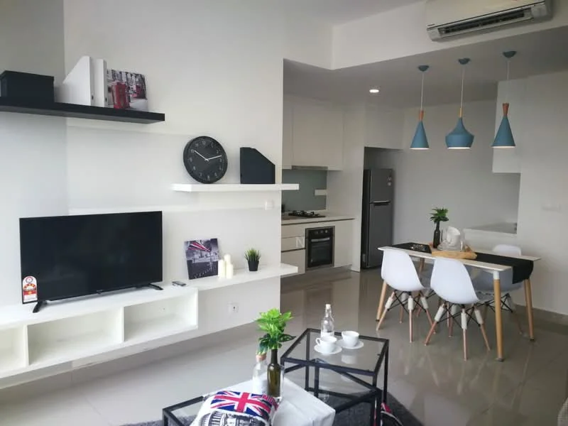 Living features: white painted walls, grey tiled flooring, sofa with black and white cushions, glass coffee table, TV console with wall-mounted TV, decorative wall clock, open shelving units, dining table with white chairs, pendant lighting with blue shades, refrigerator, kitchen cabinetry, kitchen countertop, kitchen stove, kitchen backsplash; style: modern.