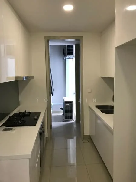 Kitchen features: white glossy cabinetry, stainless-steel sink, chrome pull-down faucet, black gas hob, built-in oven, white countertop, grey tile backsplash, ceramic tile flooring, recessed downlights, wall-mounted split AC; style: modern. Room features: doorway leading to hallway, visible air conditioning unit.