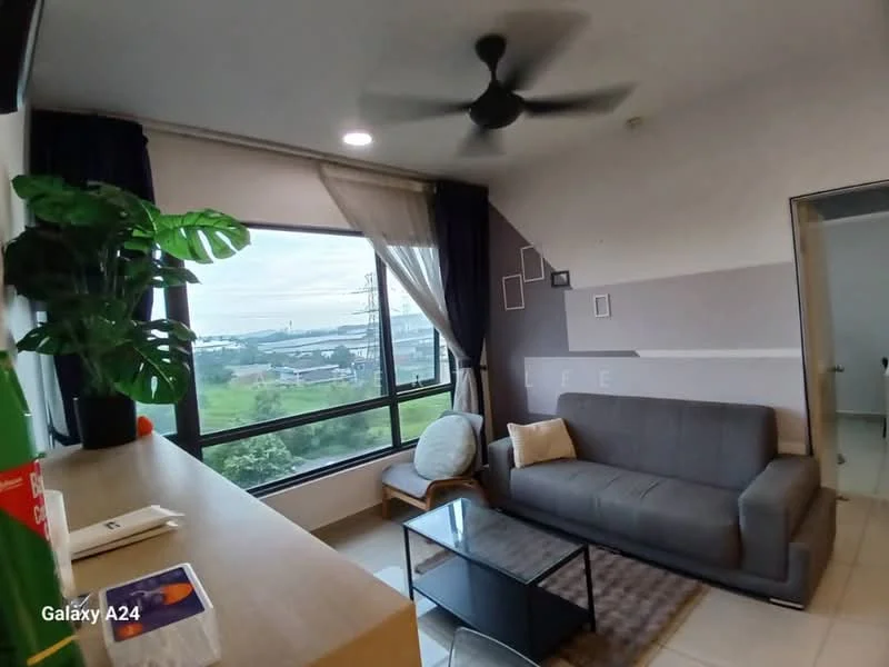 Living features: 3-seater fabric sofa in grey, glass coffee table, floor-to-ceiling windows, sheer curtains, ceiling fan, decorative houseplants, light-colored walls with grey accent, tile flooring, wall-mounted decor frames; style: modern; view: garden.
