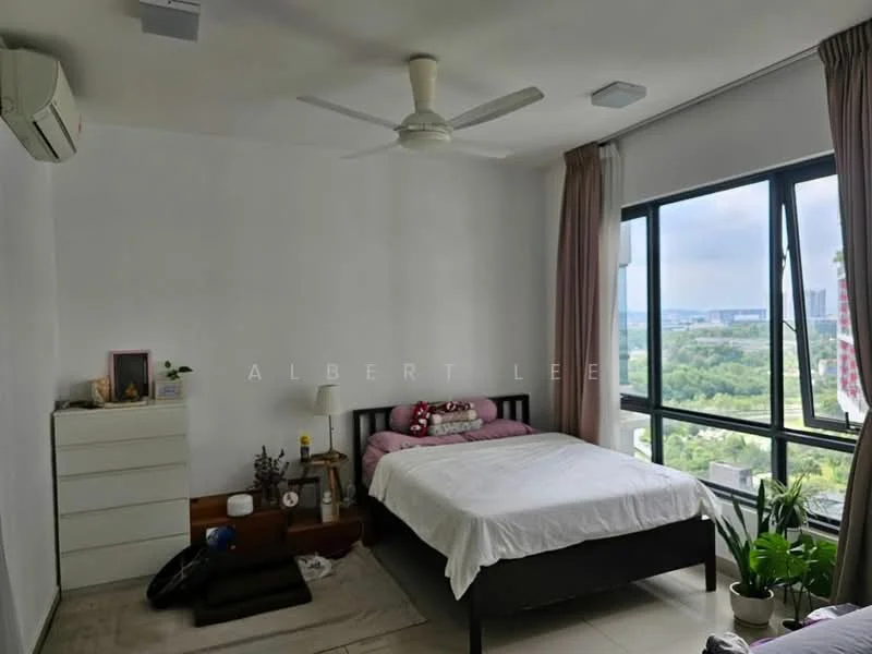 Bedroom features: king-size bed with white bedding, upholstered headboard, 2 bedside tables, white dresser, floor-to-ceiling windows, curtains, 5-blade ceiling fan, wall-mounted split AC, decorative plants, area rug, wooden flooring, decorative items on dresser; style: modern; view: garden.