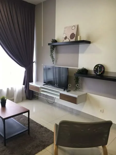 Living features: floor-to-ceiling windows, sheer curtains, grey accent wall, white painted walls, polished tile flooring, 3-seater fabric sofa in light grey, coffee table with black metal frame, wall-mounted TV, floating shelves, decorative clock, houseplants in ceramic pots, area rug with neutral color; style: modern.