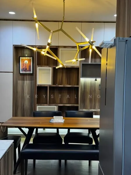 Dining features: wooden dining table, black upholstered dining chairs, modern chandelier with geometric design, built-in shelving unit with wood finish, framed artwork on wall, recessed lighting, white cabinetry, stainless-steel fridge; style: modern.