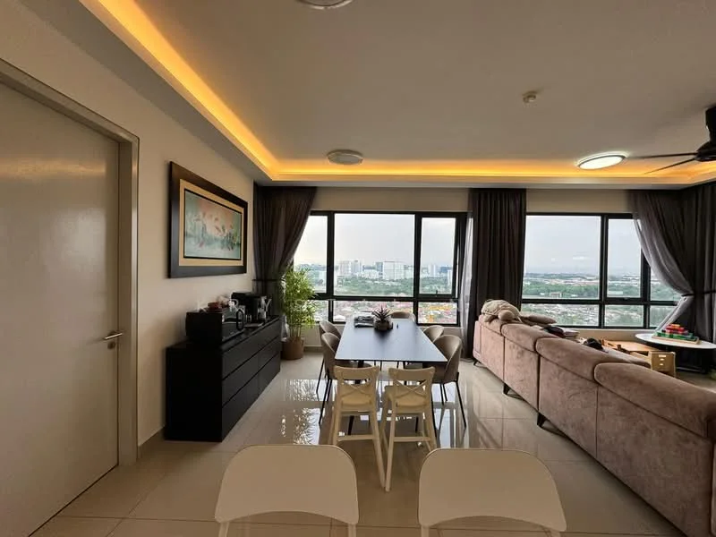 Living features: sofa in beige fabric, coffee table, TV console, wall-mounted TV, area rug, floor-to-ceiling windows, curtains in grey, recessed LED downlights, ceiling fan, decorative wall art, dining table with white chairs, sideboard, plants in ceramic pots, glossy tile flooring; style: modern; view: city.
