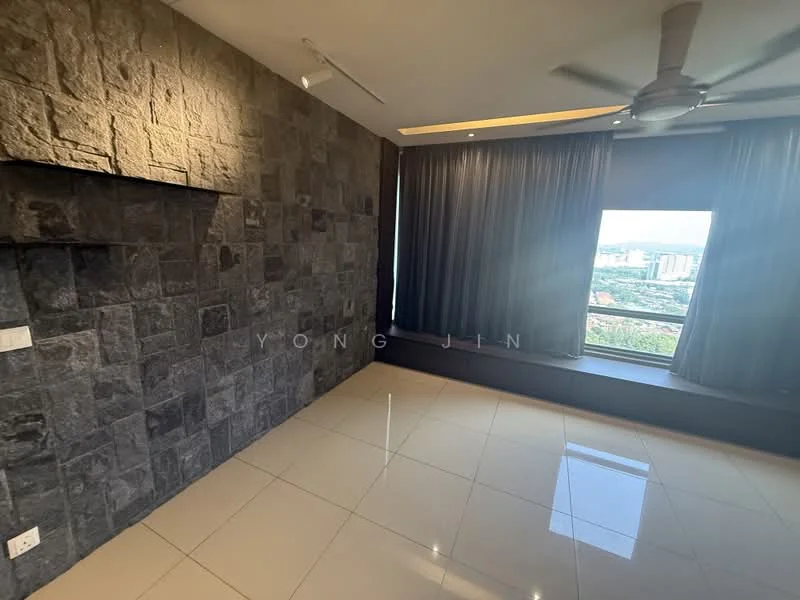 Room features: grey stone accent wall, cream painted walls, glossy beige tile flooring, floor-to-ceiling window, city view, ceiling fan, recessed lighting, curtains; style: modern; view: city.
