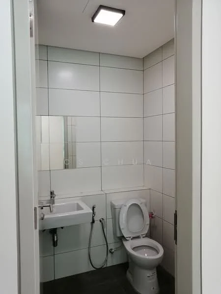 Bathroom features: white tiled walls, grey tiled flooring, single-sink vanity with wall-mounted faucet, framed mirror, one-piece toilet, bidet spray, ceiling-mounted LED light, wall-mounted towel rack; style: modern.
