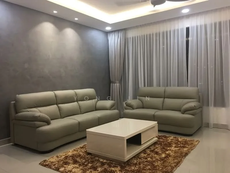 Living features: light grey painted walls, white ceiling with recessed lighting, 5-blade ceiling fan with light, two light grey leather sofas, white coffee table, area rug with brown tones, floor-to-ceiling windows with sheer curtains, curtains in light grey; style: modern.