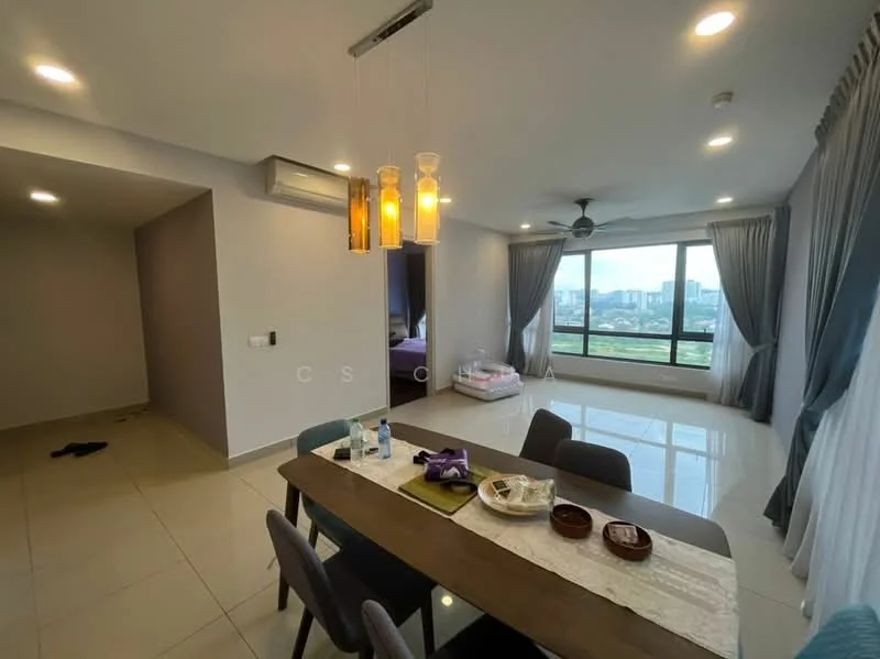 Living features: floor-to-ceiling windows, city view, grey curtains, 5-blade ceiling fan, recessed downlights, cream painted walls, white tiled flooring, dining table with 6 chairs, decorative pendant lights, area rug, sofa in background, decorative items on table; style: modern.