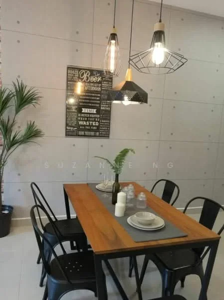 Dining features: wood dining table, 4 black metal chairs, pendant lighting with exposed bulbs, grey table runner, decorative wall art with text, green plant in pot, concrete accent wall, white tiled flooring; style: modern.