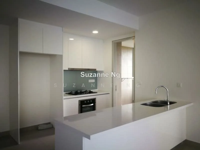 Kitchen features: white cabinetry, marble countertop, single-bowl stainless-steel sink, chrome pull-down faucet, built-in oven, 4-burner gas hob, glass backsplash, recessed downlights, tile flooring; style: modern.