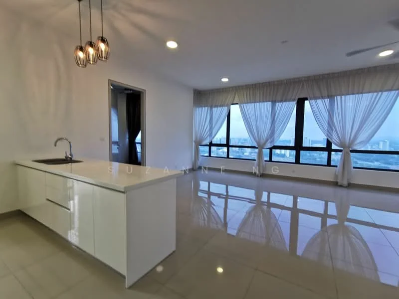 Kitchen features: white cabinetry, marble countertop, single-bowl stainless-steel sink, chrome pull-down faucet, pendant lighting, floor-to-ceiling windows, sheer curtains, glossy tile flooring, open layout, city view; style: modern; view: city.