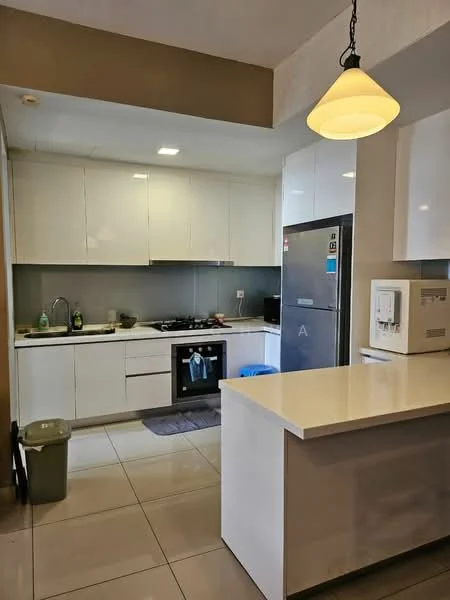Kitchen features: white flat-panel cabinets, grey backsplash, stainless-steel fridge, built-in oven, 4-burner gas hob, single-bowl stainless-steel sink, chrome pull-down faucet, white quartz countertop, pendant light, tile flooring, kitchen island, recessed downlights; style: modern.
