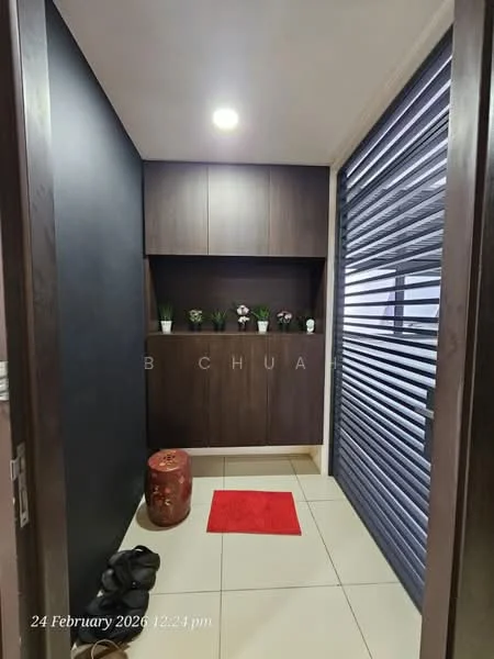 Room features: dark wood cabinetry, white walls, grey accent wall, tile flooring, red area rug, decorative plants on shelves, sliding door, shoe rack, decorative stool; style: modern.