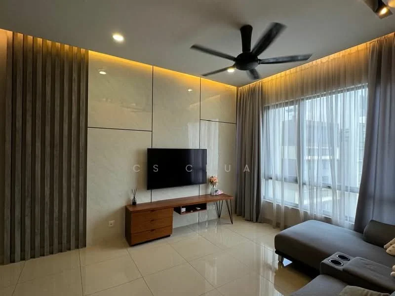 Living features: 5-blade ceiling fan with light, wall-mounted TV, wooden TV console, grey fabric sectional sofa, cream tiled flooring, floor-to-ceiling windows, sheer curtains, accent wall with vertical wood paneling, recessed LED lighting; style: modern.