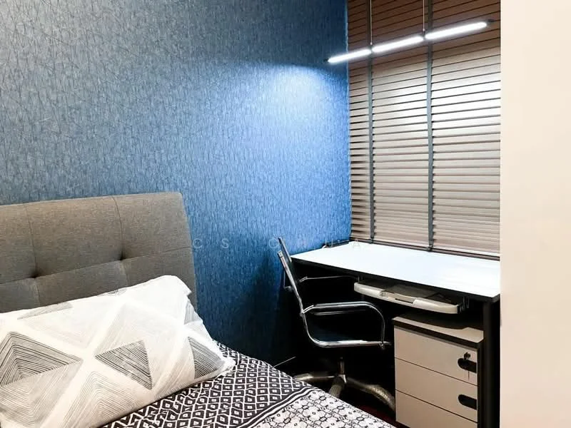 Bedroom features: grey upholstered headboard, queen-size bed, decorative bedding with geometric pattern, blue textured wallpaper, wooden blinds on windows, desk with white surface, black and white storage unit, chrome office chair, LED strip lighting above desk; style: modern.
