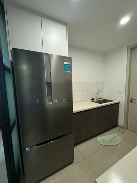 Kitchen features: stainless-steel fridge, single-bowl stainless-steel sink, chrome pull-down faucet, white tiled backsplash, laminate countertop, dark wood cabinetry, light-colored floor tiles, recessed downlights; style: modern.