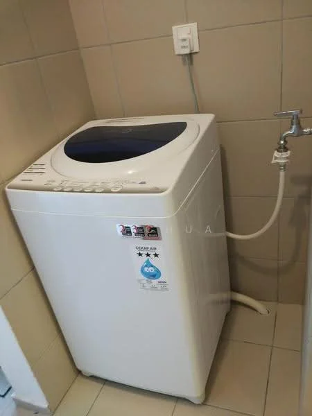 Laundry features: top-load washing machine, white appliance, control panel with buttons, water inlet hose, drain hose, tiled flooring, neutral wall tiles, power outlet.
