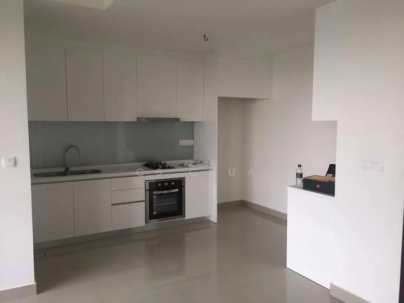 Kitchen features: white cabinetry, stainless-steel sink, chrome pull-down faucet, built-in oven, 4-burner gas hob, glass backsplash, countertop with overhang, tile flooring, recessed downlights; style: modern.