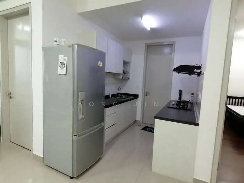Kitchen features: stainless-steel fridge, black countertop, white cabinetry, built-in gas stove, extraction hood, single-bowl stainless-steel sink, white painted walls, ceramic tile flooring, recessed downlights; style: modern.