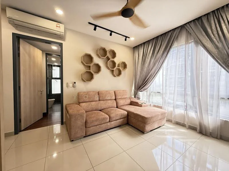 Living features: 3-seater fabric sofa in beige, ceiling fan with light, floor-to-ceiling windows, sheer curtains, white painted walls, glossy tile flooring, decorative wall shelves, air conditioning unit, wooden door leading to hallway; style: modern.