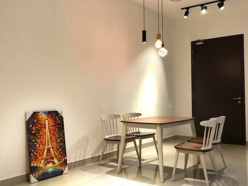 Dining features: 4-seater dining table, white wooden chairs, wooden tabletop, pendant lighting with multiple bulbs, cream painted walls, tile flooring, decorative artwork with Eiffel Tower, recessed ceiling lights; style: modern.