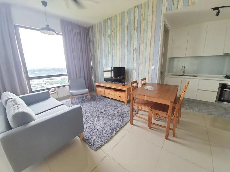Living features: grey fabric 3-seater sofa, wooden coffee table, wooden TV console, wall-mounted TV, area rug with plush texture, floor-to-ceiling window, curtains, light grey wall with blue accent stripes, recessed downlights, kitchenette with white cabinetry, stainless-steel built-in oven, stainless-steel range hood, single-bowl stainless-steel sink, chrome pull-down faucet; style: modern; view: city.