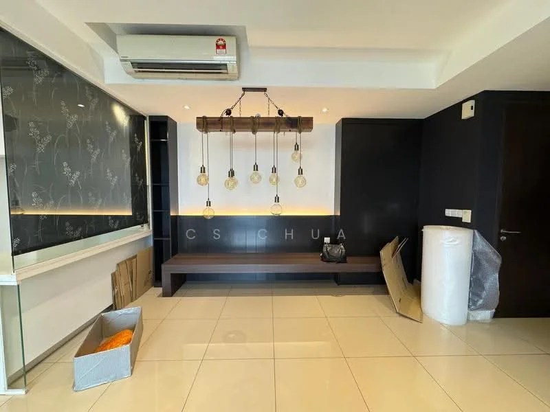 Room features: white tiled flooring, black accent wall, decorative wall with floral pattern, wooden bench with lighting, hanging light fixture with multiple bulbs, wall-mounted air conditioning unit, recessed lighting, packaging materials on the floor; style: modern.