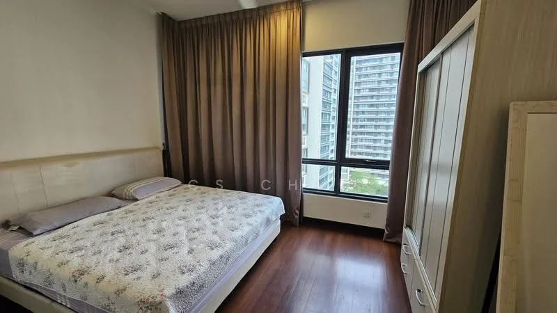 Bedroom features: queen-size bed with floral bedding, wooden flooring, floor-to-ceiling window, brown curtains, built-in wardrobe, nightstand, decorative wall, light-colored wall, air conditioning unit; style: modern; view: garden.
