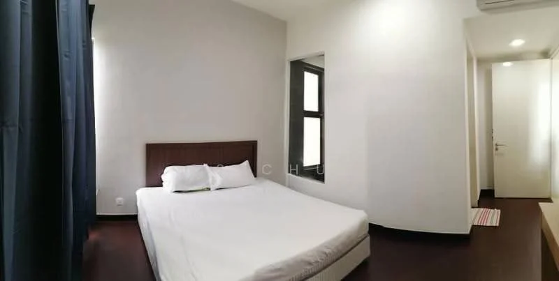 Bedroom features: queen-size bed, white bedding, wooden headboard, dark wood flooring, white painted walls, floor-to-ceiling window, blackout curtains, air conditioning unit, light fixture, doorway to hallway; style: modern.