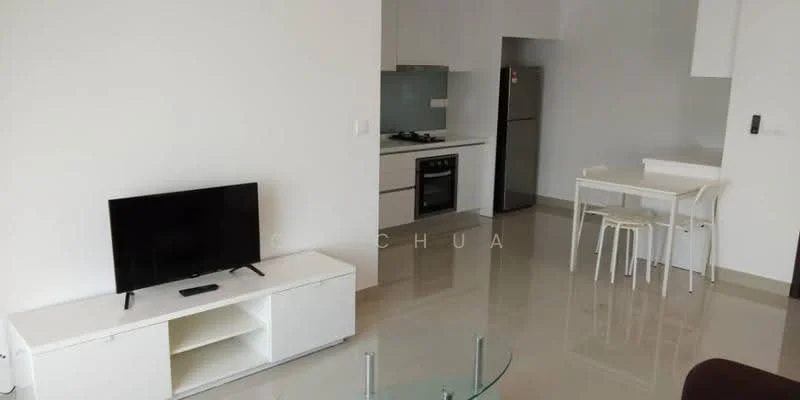 Living features: white painted walls, glossy tile flooring, wall-mounted TV, TV console in white, sofa in dark color, glass coffee table, dining table for two, white dining chairs, kitchen area with gas stove, built-in oven, stainless-steel fridge; style: modern.