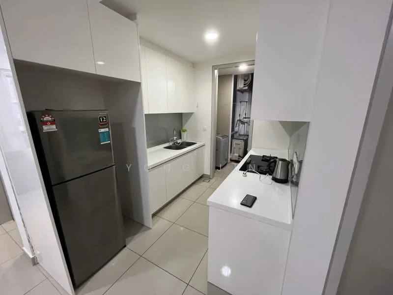 Kitchen features: stainless-steel fridge, white flat-panel cabinets, white quartz countertop, built-in oven, 4-burner gas hob, kettle, dishwasher, tile flooring, recessed downlights, single-bowl stainless-steel sink, chrome pull-down faucet; style: modern.