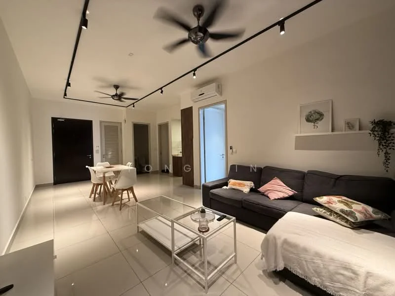 Living features: 3-seater fabric sofa in dark grey, coffee table with glass top and white frame, dining table for 4 with white chairs, ceiling with recessed lighting, 2 ceiling fans, white painted walls, glossy tile flooring, air conditioning unit on wall, decorative wall art, houseplant in ceramic pot; style: modern.