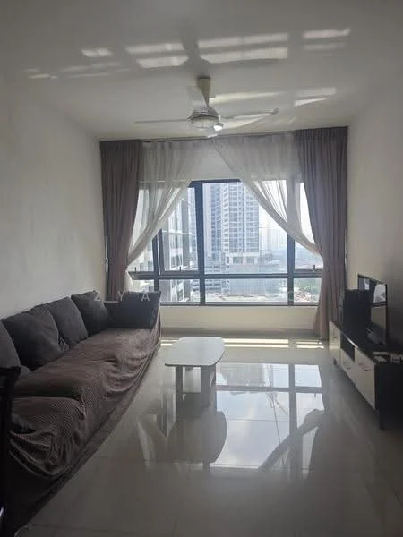 Living features: 3-seater fabric sofa in grey, coffee table, wall-mounted TV, TV console, floor-to-ceiling windows, sheer curtains, dark curtains, ceiling fan, polished tile flooring, city view; style: modern; view: city.