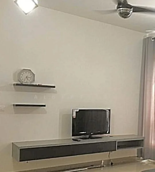 Living features: white painted walls, ceiling fan, wall-mounted TV, TV console with storage, floating shelves, curtains, decorative wall clock, laminate flooring; style: modern.