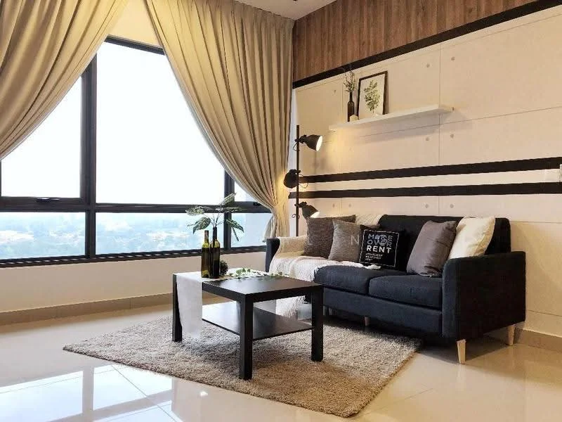 Living features: black fabric sofa, coffee table with black legs, area rug, floor-to-ceiling windows, sheer curtains, wood panel accent wall, decorative shelf, decorative plants, cushions with various patterns, wall-mounted lamp; style: modern; view: city.