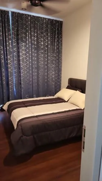 Bedroom features: queen-size bed with dark headboard, bedding in neutral tones, dark wood flooring, floor-to-ceiling curtains with geometric pattern, ceiling fan, wall-mounted light switch, decorative wall art, built-in wardrobe; style: modern.