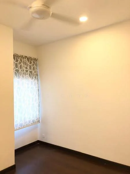 Room features: white painted walls, dark wood flooring, ceiling fan, window with patterned curtain, recessed lighting.
