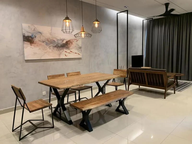 Dining features: wooden dining table with black metal legs, 6 wooden dining chairs, wooden bench, pendant lights with wire cages, abstract wall art, grey painted walls, white tiled flooring, ceiling fan, black TV console, floor-to-ceiling curtains; style: modern.