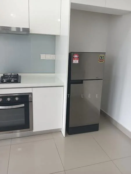 Kitchen features: white cabinetry, stainless-steel built-in oven, 4-burner gas hob, stainless-steel range hood, grey refrigerator, white countertop, glass backsplash, ceramic tile flooring, recessed downlights; style: modern.