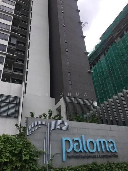 Exterior type: high-rise condominium; features: glass curtain wall, dark grey facade, projecting balconies, landscaped entrance with greenery, prominent building signage, surrounded by construction site, modern architectural design; style: modern.