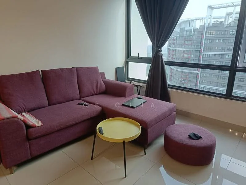 Living features: 3-seater fabric sofa in burgundy, round yellow coffee table, round ottoman in burgundy, floor-to-ceiling windows, curtains in dark brown, glossy tile flooring, TV console, remote control on coffee table; style: modern; view: city.