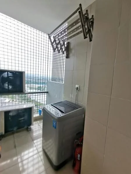 Laundry features: top-load washing machine, metal drying rack, fire extinguisher, wall-mounted air conditioning unit, tiled walls, ceramic tile flooring, window with metal grille, city view; view: city.