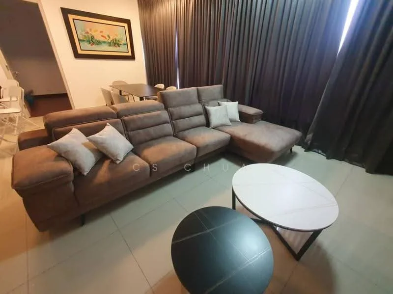 Living features: L-shape sectional sofa in brown fabric, decorative cushions, round coffee table with white top, black round coffee table, floor-to-ceiling curtains in dark grey, tiled flooring in light grey, framed artwork on wall, dining area visible in background; style: modern.