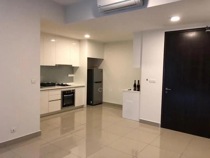 Kitchen features: white cabinetry, stainless-steel built-in oven, stainless-steel gas hob, stainless-steel range hood, stainless-steel fridge, white countertop, ceramic tile flooring, recessed downlights, wall-mounted split AC; style: modern.